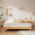 Wooden Frame Double Bed in Bedroom with White Sheets Beige Blanket Nightstand and Vase Flowers