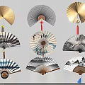 Ornamental Folding Fan Decorative Set With Landscape Paintings Various Colors And Tassel Details