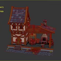 Traditional Village Cottage Building With Red Roof Blue Tiles Balcony Chimney Oven And Wooden Cart
