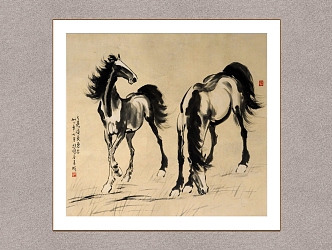 New Chinese Animal Painting Xu Beihong Two Horses 3d model