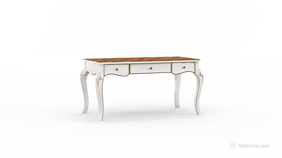 Classic White Frame Desk With Wooden Top And Curved Legs Design 3d model 