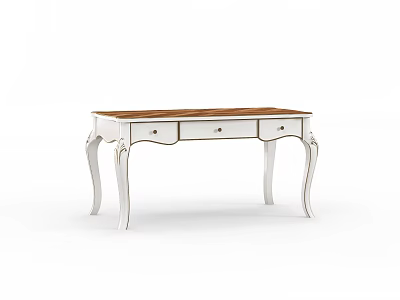 Classic White Frame Desk With Wooden Top And Curved Legs Design 3d model
