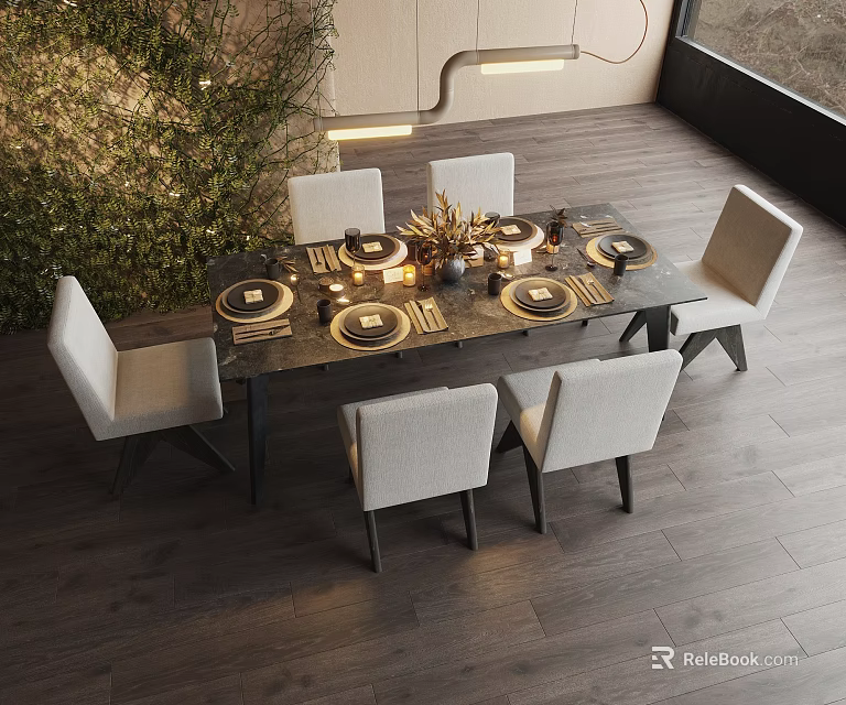 Modern Dining Table Set with Matching White Chairs Elegant Decor Plates Candles Greenery Backdrop 3d model 