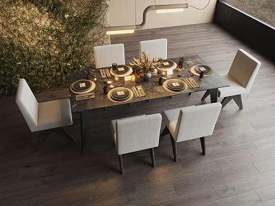 Modern Dining Table Set with Matching White Chairs Elegant Decor Plates Candles Greenery Backdrop 3d model