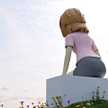 Doll Sitting on White Cube in Pink T-shirt With World Adventure Text Blue Sky Clouds