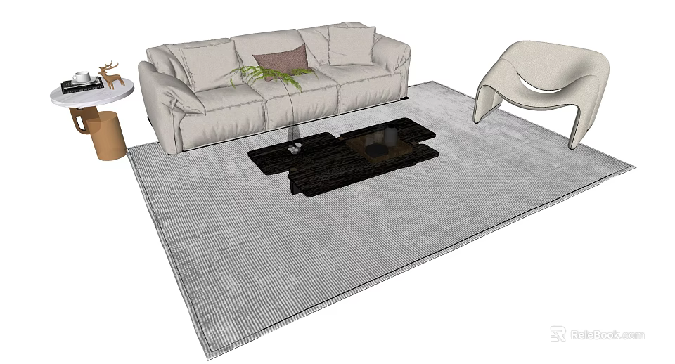 Light Colored Sofa Set With Gray Rug Black Coffee Table And Accent Chair 3d model 