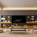 Modern Warm Living Room Interior Design With Marble Accent Wall Sofa Coffee Table And Plants