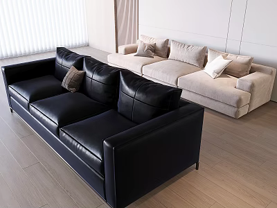 Modern Three Seater Sofa In Black And Beige Leather With Wooden Floor Living Room 3d model