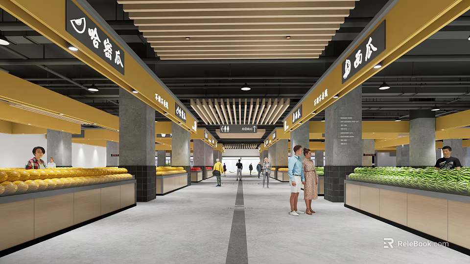 Spacious Modern Supermarket Interior Featuring Fresh Fruit Shelves Customers And Signs 3d model 