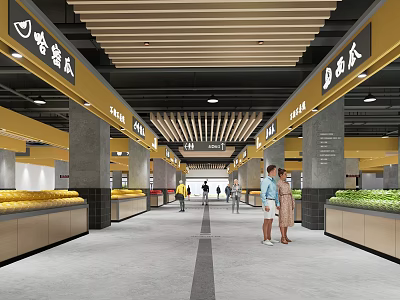 Spacious Modern Supermarket Interior Featuring Fresh Fruit Shelves Customers And Signs 3d model