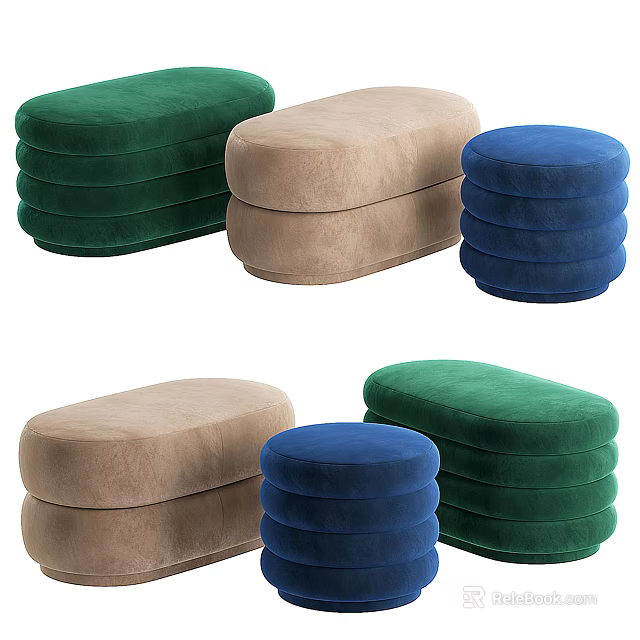 Colorful Ottoman Poufs Green Beige Blue Oval Round Stackable Living Room Decor 3d model 