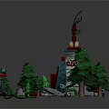 Colorful Traditional Tower Structure With Decorative Top Surrounded By Pine Trees And Circular Pool
