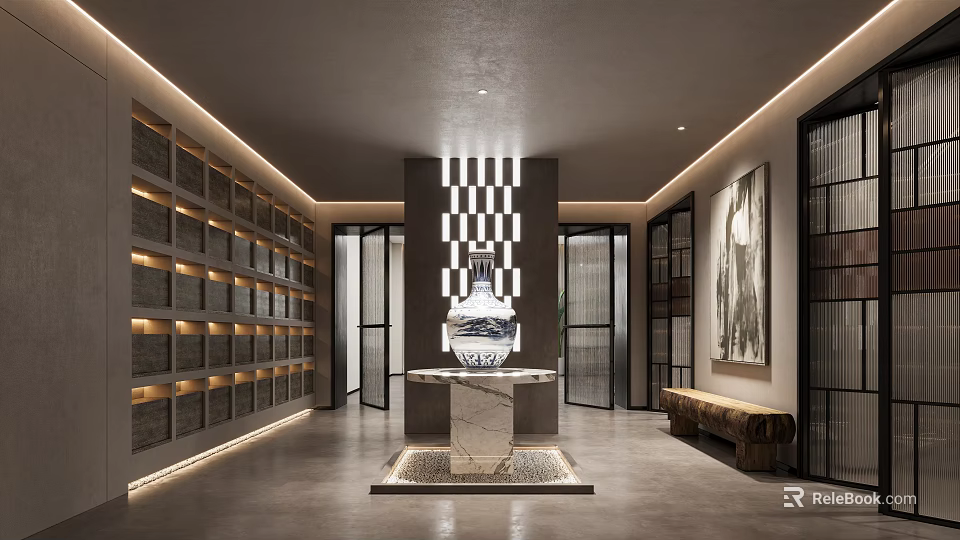 Luxury Elevator Hallway Design With Modern Lighting And Art Feature 3d model 
