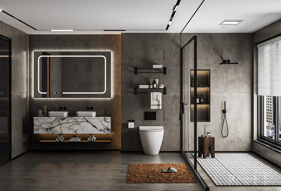 Modern Bathroom Interior With Double Vanity Backlit Mirror And Shower Area 3d model 