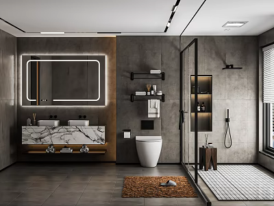 Modern Bathroom Interior With Double Vanity Backlit Mirror And Shower Area 3d model