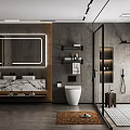 Modern Bathroom Interior With Double Vanity Backlit Mirror And Shower Area