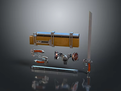 Vintage Weapon Display Featuring Sword With Metal Hilt Leather Sheath And Decorative Accessories 3d model