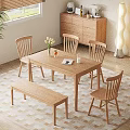 Cozy Home Dining Room Wooden Table Chairs Set With Bench Vase Flowers And Window Blinds