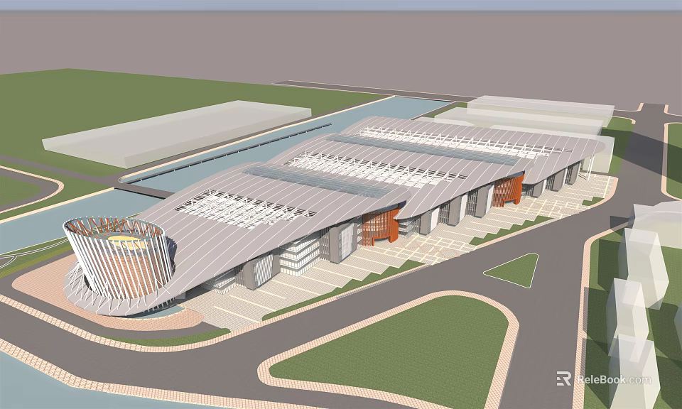 Modern Office Building Exterior With Curved Roof Glass Facade And Landscaped Area 3d model 