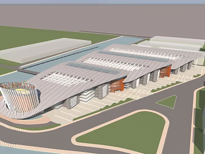 Modern Office Building Exterior With Curved Roof Glass Facade And Landscaped Area 3d model