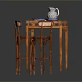 Wooden Dining Table With High Wicker Chairs Water Jug And Decorative Plates