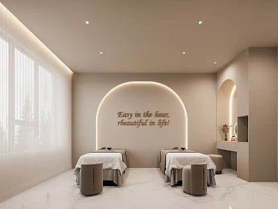 Elegant Modern SPA Sauna Interior With Massage Beds Arch Wall And Comfortable Stools 3d model