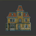 Playful Cartoon House Featuring Yellow Walls Orange Roof Blue Trim And Decorative Windows