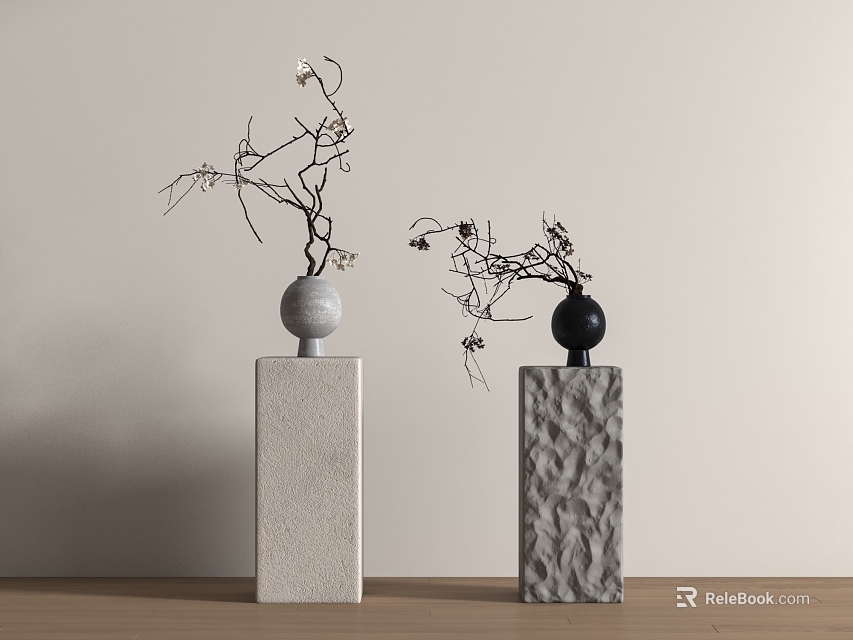 Light And Dark Textured Square Vases With Branches Small Flowers On Wooden Table 3d model 