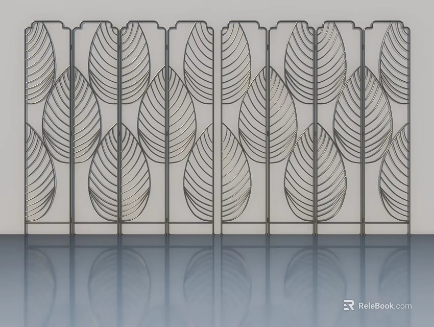 Modern Hinged Door Featuring Intricate Leaf Pattern Design And Metal Frame 3d model