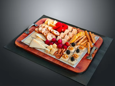 Stylish Wooden Snack Tray With Assorted Cheese Crackers Fresh Berries Nuts And Utensils 3d model