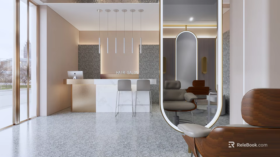 Modern Hair Salon Interior With Hanging Lights Marble Reception Desk Styling Chairs And Elegant Mirror 3d model 