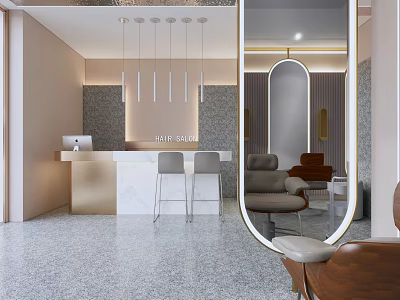 Modern Hair Salon Interior With Hanging Lights Marble Reception Desk Styling Chairs And Elegant Mirror 3d model
