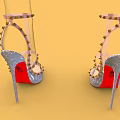 Stylish High Heels With Crisscross Studded Straps Cracked Pattern And Red Heels