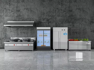 Stainless Steel Modern Kitchen Featuring Range Hood Cooking Range Refrigerator And Storage Cabinet 3d model