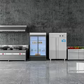 Stainless Steel Modern Kitchen Featuring Range Hood Cooking Range Refrigerator And Storage Cabinet
