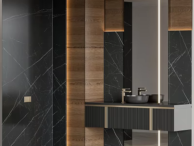 Modern Bathroom Vanity With Black Marble Walls Wooden Accents Double Washbasins And Ambient Lighting 3d model