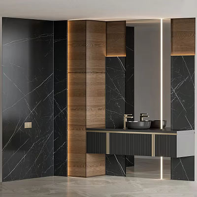 Modern Bathroom Vanity With Black Marble Walls Wooden Accents Double Washbasins And Ambient Lighting 3d model