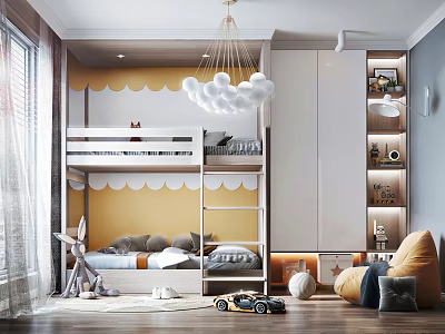 Kids Room Interior Featuring Bunk Bed Yellow Wall Cloud Chandelier Storage Cabinets and Toy Car 3d model