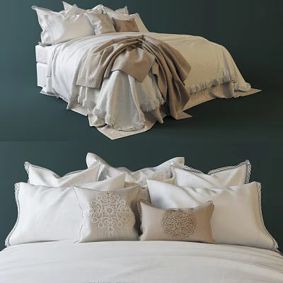 Double Bed with White Sheets and Beige Blanket and Decorative Patterned Pillows for Cozy Bedroom 3d model