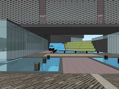 Modern Sales Office Building With Glass Curtain Walls Water Features And Wooden Deck 3d model