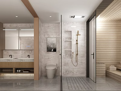 Modern Light Luxury Bathroom With Marble Tiles Double Sinks Toilet Shower And Compact Home Sauna 3d model