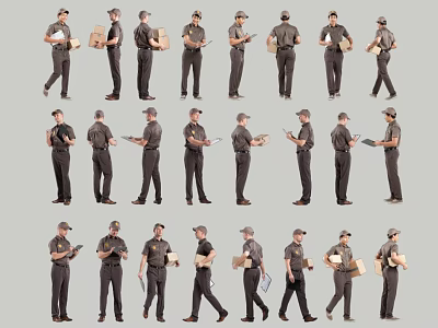 Multiple Delivery Personnel in Various Work Poses Holding Packages and Devices 3d model