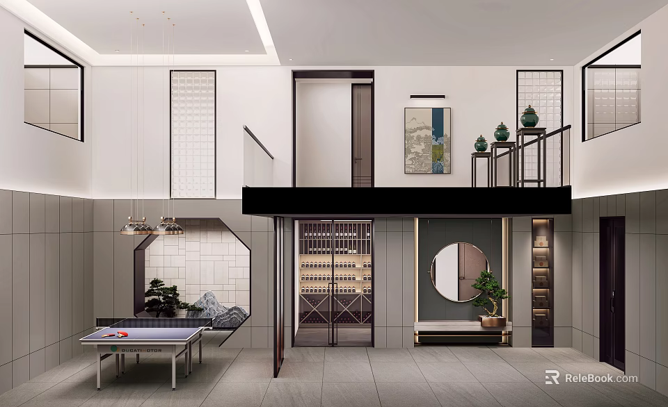 Modern Basement Interior Design With Ping Pong Table Wine Rack Mirror And Plants 3d model