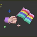 Purple Sleeved Hand Holding Rainbow Flag On Electronic Appliance With Star And Ball