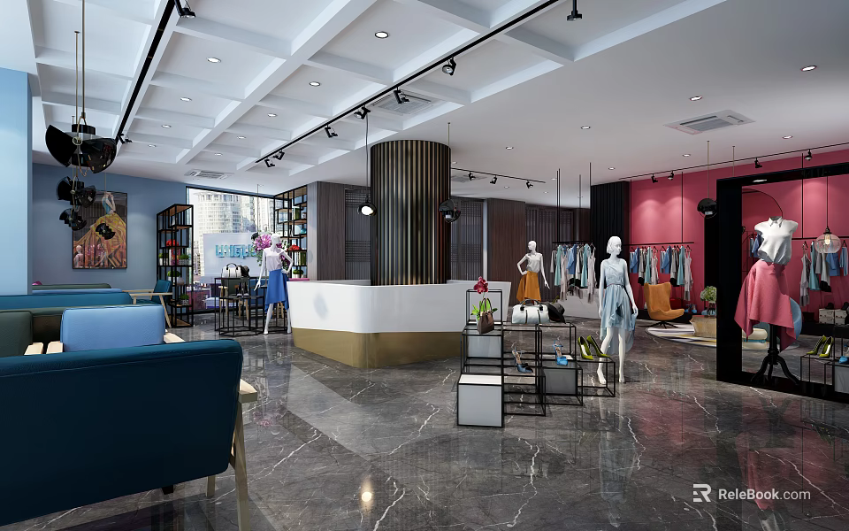 Modern Clothing Store Interior Design Showcasing Mannequins Clothes Comfortable Sofa And Marble Flooring 3d model 
