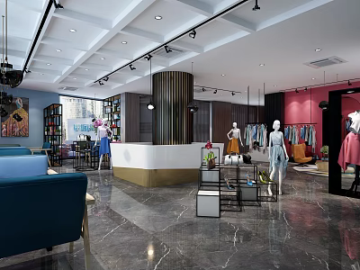 Modern Clothing Store Interior Design Showcasing Mannequins Clothes Comfortable Sofa And Marble Flooring 3d model