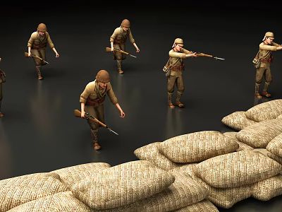 Military Soldiers Standing With Sandbags And Holding Rifles In Defensive Positions 3d model