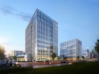 Modern Glass Curtain Wall Office Building In Urban District With Adjacent Structures And Daytime Street Scene 3d model