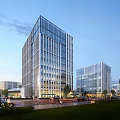 Modern Glass Curtain Wall Office Building In Urban District With Adjacent Structures And Daytime Street Scene