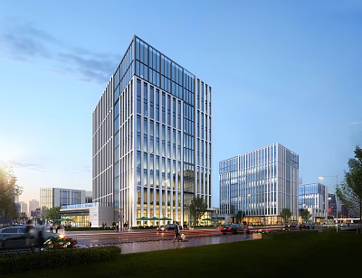 Modern Glass Curtain Wall Office Building In Urban District With Adjacent Structures And Daytime Street Scene 3d model